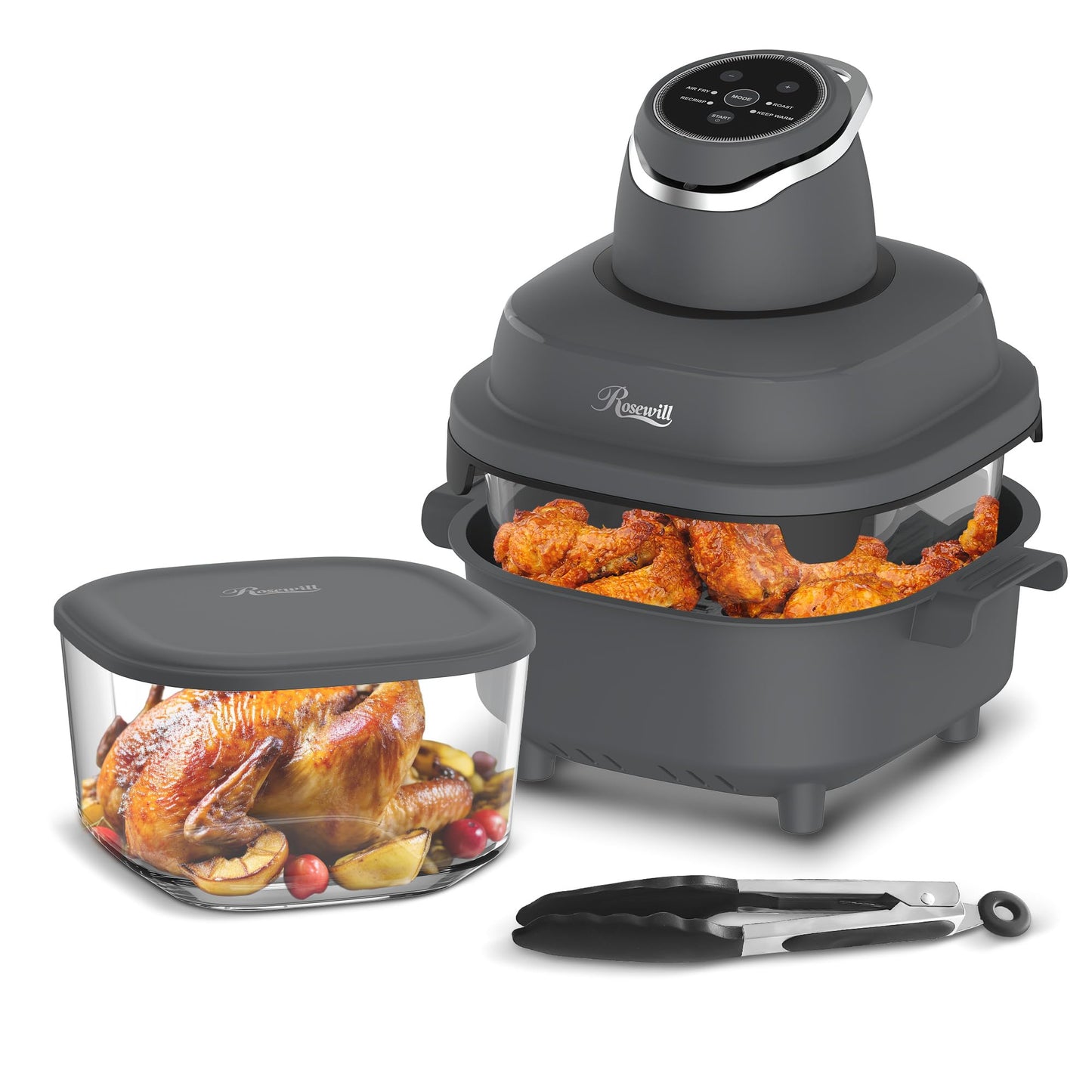 Rosewill 4-in-1 Portable Glass Air Fryer, 4.7QT Transparent Glass Cooking Pot with Storage Lid & Tongs, Compact Smart for Deep Roast, Recrisp, Keep Warm – Navy Blue