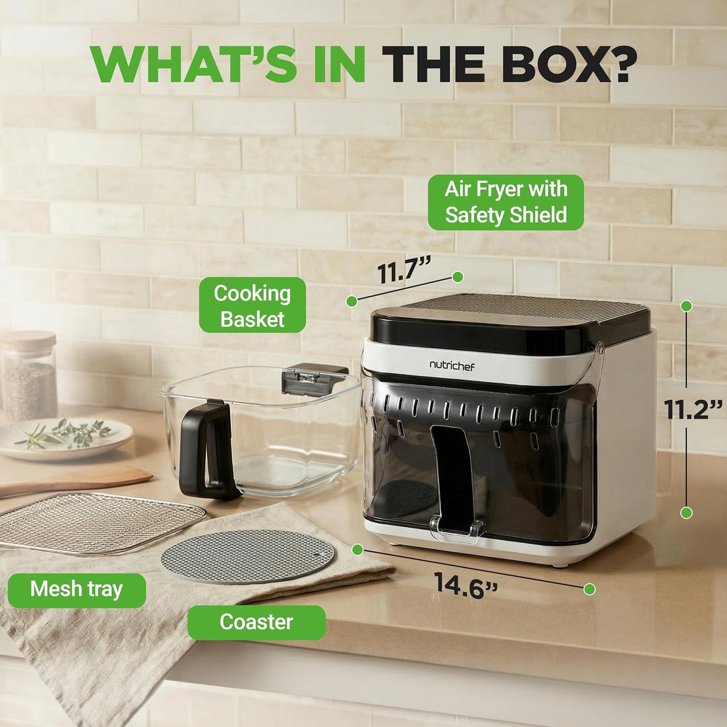 NutriChef 5.8 Quart Air Fryer | Glass Airfryer with 8-in-1 Digital Presets | Stainless Steel Fryer Design | Glass Fry Bowl with Flip-Up Safety Shield | Compact Air-Fryer for Even Cooking | White