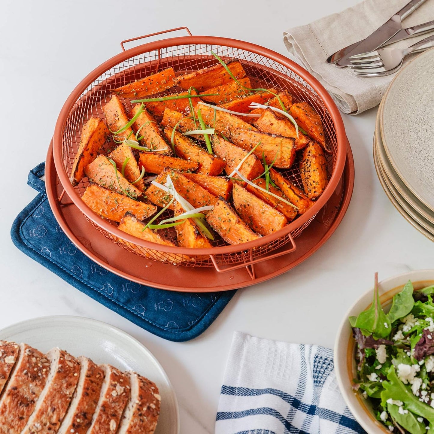 Chef Pomodoro Crisper Basket and Tray Set -2 Pieces, Large Plate for Oven with Air Fryer Option, Oil-Free Cookware Pan, Full Size Oven and Air Fryer Accessories for Any Kitchen, 12.2 inches (Copper)