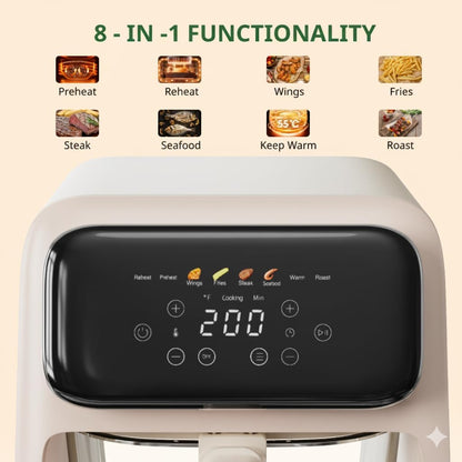 8-1 Glass Air Fryer | Non-Toxic | 400°F | 4QT TempWare Glass Bowl | Freezer & Dishwasher Safe | Wings，Steak，Fries & More | Air Fry Bake Roast Recrisp | Light Pinkish Beige