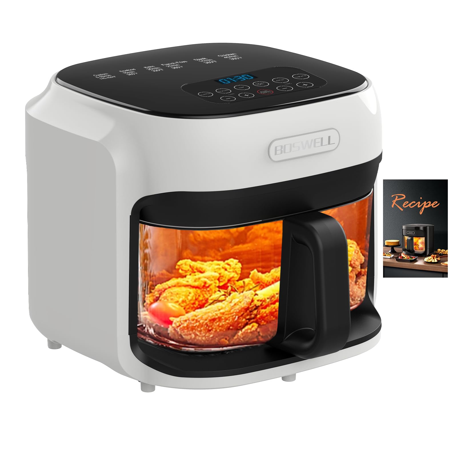 BOSWELL Glass Air Fryer, 7.5QT with Transparent Fry Bowl, Circulating Heating, Temperature Control, Air Fryer Roast, Dishwasher Safe