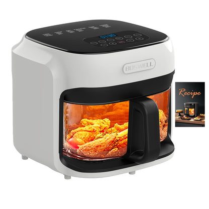 BOSWELL Glass Air Fryer, 7.5QT with Transparent Fry Bowl, Circulating Heating, Temperature Control, Air Fryer Roast, Dishwasher Safe
