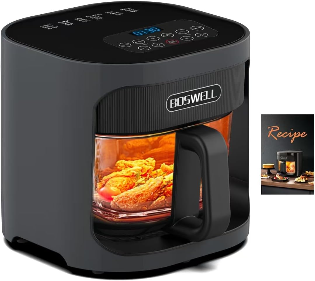 BOSWELL 4.5 QT Glass Air Fryer, 6 IN 1 Air Fryer Non-Toxic,Temperature Control, 5 Preset Menue Intelligent Panel Gray