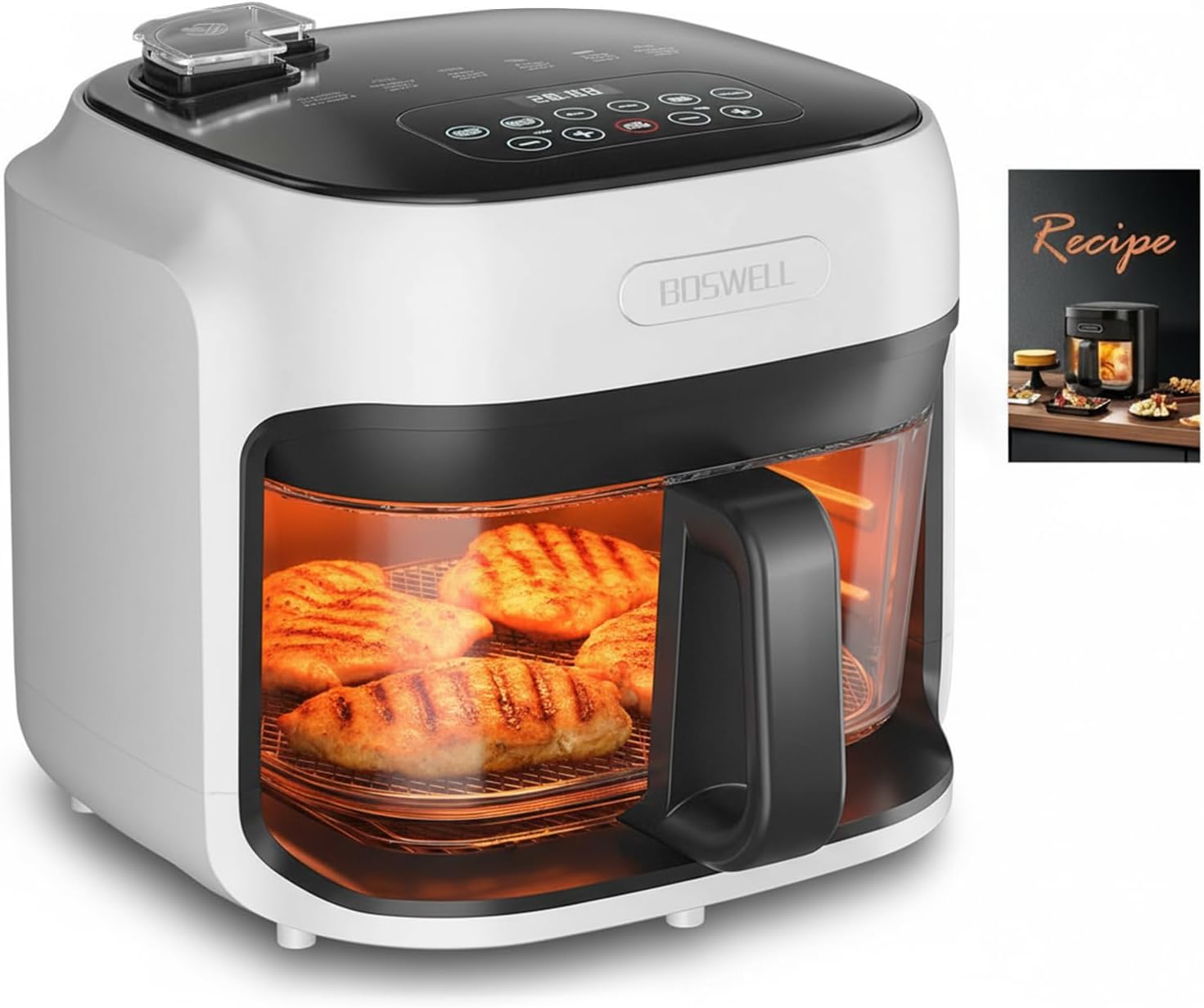 7.5Qt Glass Air Fryer, Transparent Fry Bowl, 360° Hot Air Circulation, Digital Touch Control, Non-Toxic & Dishwasher Safe, Air Fry Roast Bake for Fries and Chicken (white)