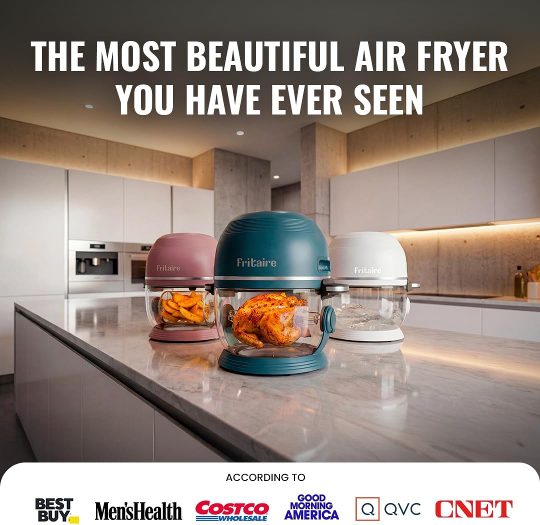 Non Toxic Air Fryer™ Pro | 9-in-1 Glass Air Fryer | Self-Cleaning | 5 Quart | Rotisserie and Tumbler | 400F Vortex For Even Cooking, BPA-Free Teflon Free, Recrisp, Roast, Bake, White
