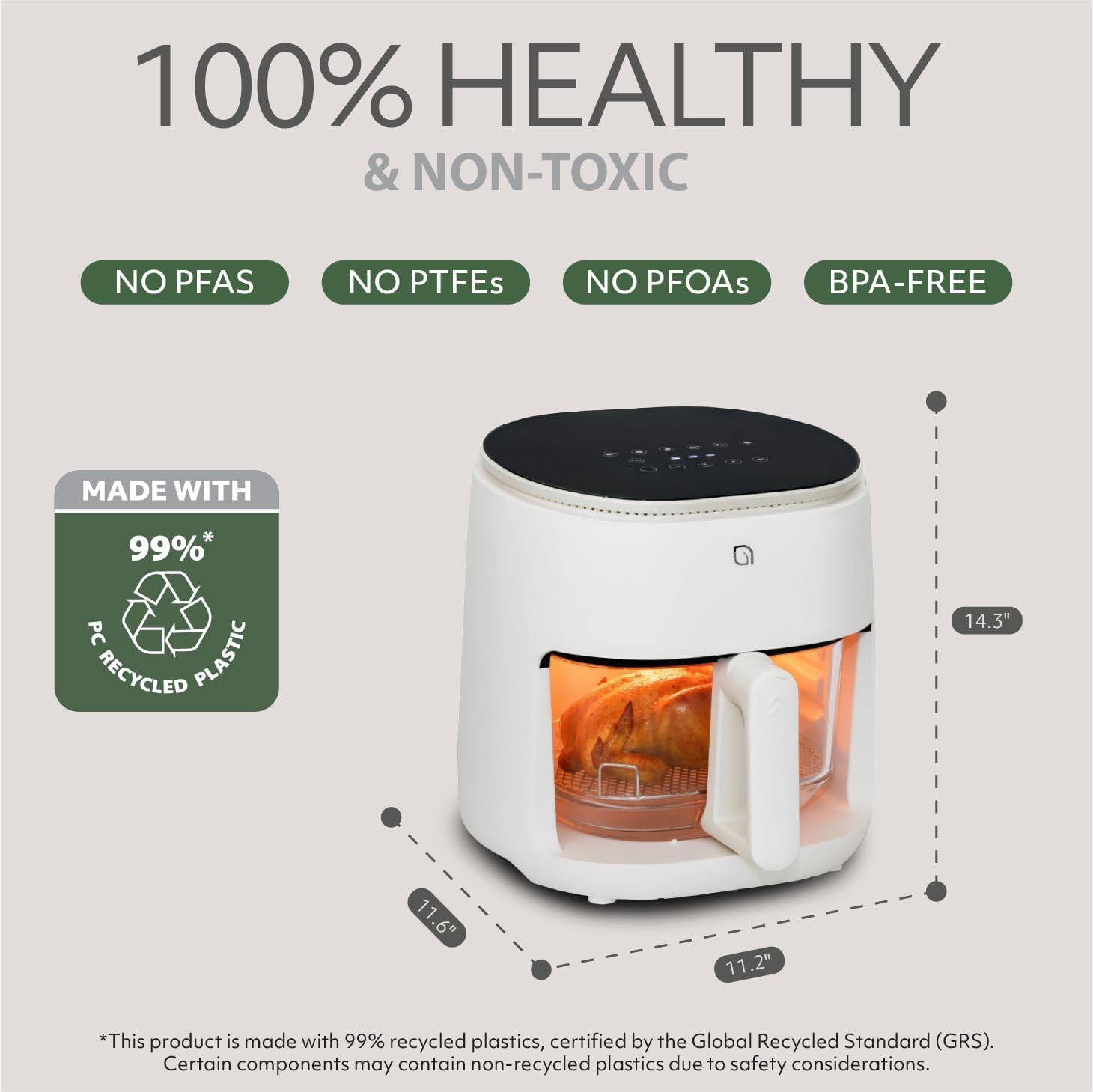 WILLOW Eco Series 6 in 1 Air Fryer with Glass Basket, 5 Quart Non Toxic Air Fryer w Digital Display, 430°F Max Temp, Preheat & Keep Warm Function, Compact + Dishwasher Safe Glass Airfryer - WHITE