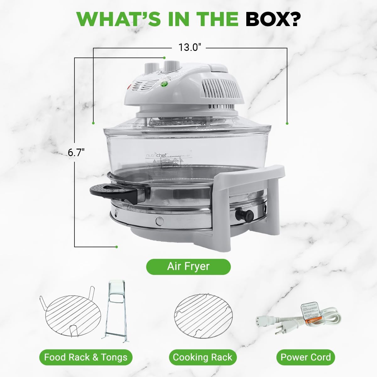 NutriChef Air Fryer, Infrared Convection, Halogen Oven Countertop, Cooking, Stainless Steel, 13 Quart 1200W, Prepare Quick Healthy Meals, for French Fries & Chips, White (PKAIRFR48)
