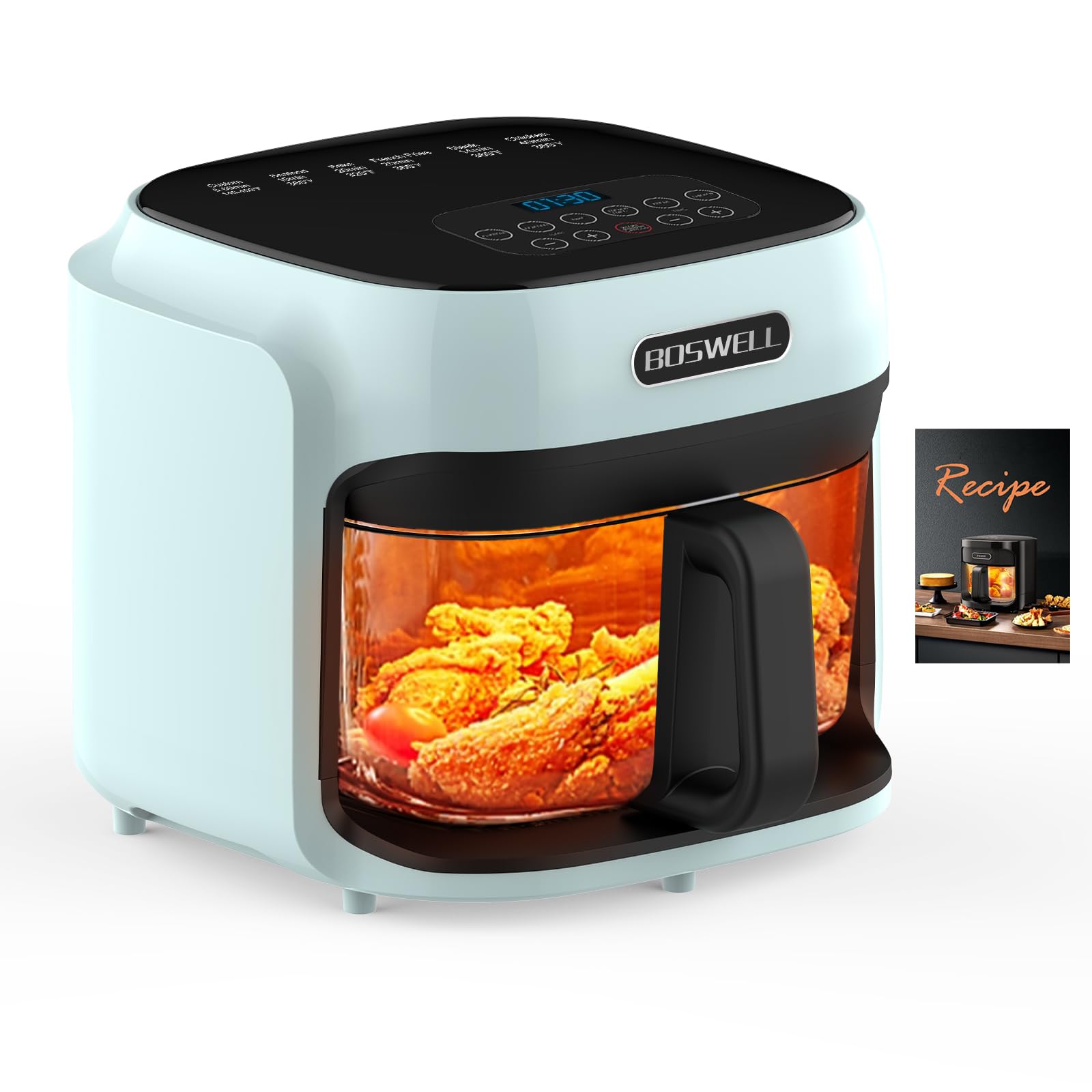 BOSWELL Glass Air Fryer, 7.5QT with Transparent Fry Bowl, Circulating Heating, Temperature Control, Air Fryer Roast, Dishwasher Safe