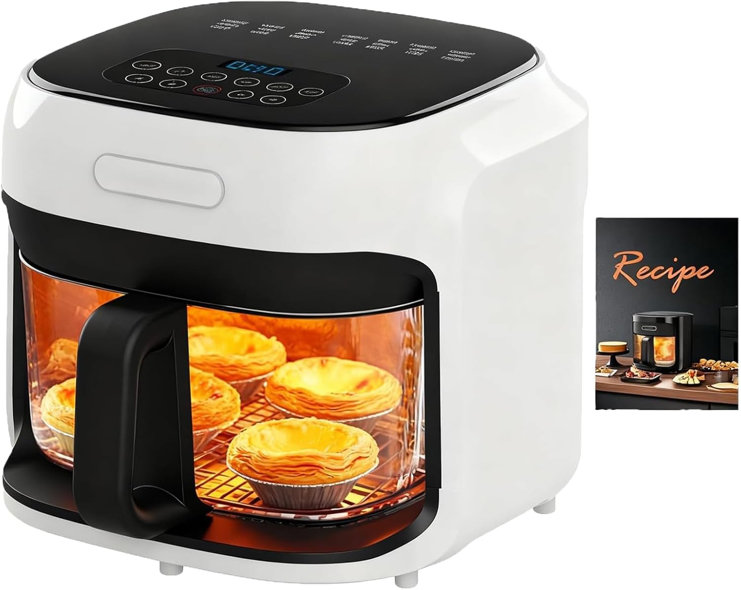 7.3QT Glass Air Fryer with See-Through Bowl, 360° Hot Air Circulation, 5 Presets, 1200W Fast Heating, Dishwasher Safe (White)