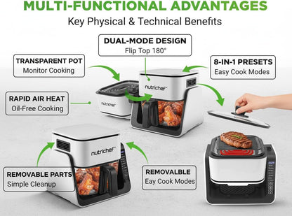 NutriChef 4 QT Air Fryer & Grill | 8-1 Preset Cook Modes | Transparent Fry Bowl for Best Cooking Results | Cook Shrimp, Steak, Fries, Wings & More | 4 QT Glass Air Fryer & 1.2 QT Grill | White