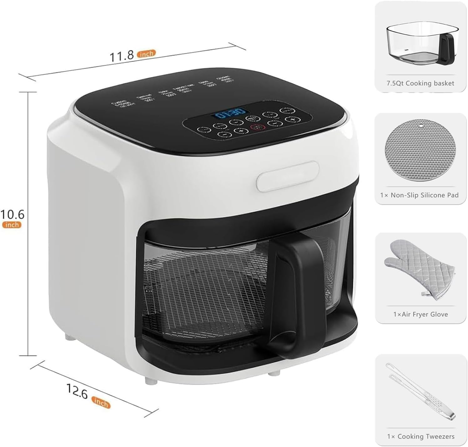 7.3QT Glass Air Fryer with See-Through Bowl, 360° Hot Air Circulation, 5 Presets, 1200W Fast Heating, Dishwasher Safe (White)