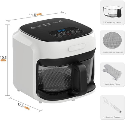 7.3QT Glass Air Fryer with See-Through Bowl, 360° Hot Air Circulation, 5 Presets, 1200W Fast Heating, Dishwasher Safe (White)