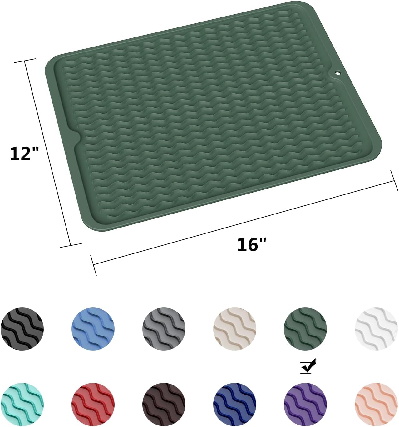 ZLR Silicone Dish Drying Mat & Heat Resistant Trivet (12" x 16") - Waterproof Counter Protector for Air Fryer, Coffee Maker - Non-Slip, BPA Free Kitchen Pad, Easy Clean Dishwasher Safe (Green)