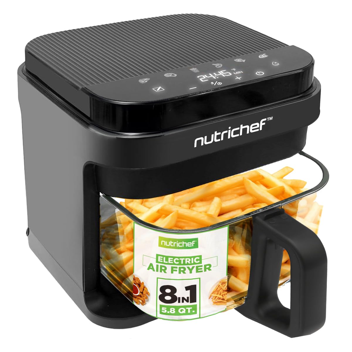Nutrichef 5.8 Quart Air Fryer | 8-1 Preset Cook Modes | Transparent Fry Bowl for Best Cooking Results | Cook Shrimp, Steak, Fries, Wings, Chicken & More | Precise Temperature Control & Time | White