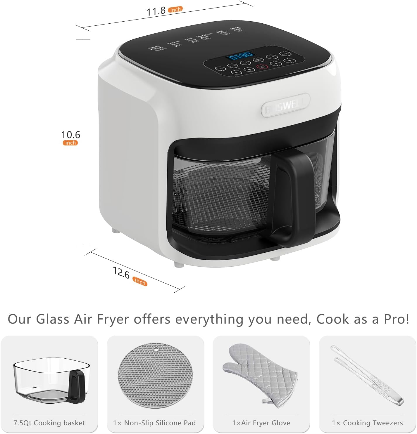 BOSWELL Glass Air Fryer, 7.5QT with Transparent Fry Bowl, Circulating Heating, Temperature Control, Air Fryer Roast, Dishwasher Safe (white)