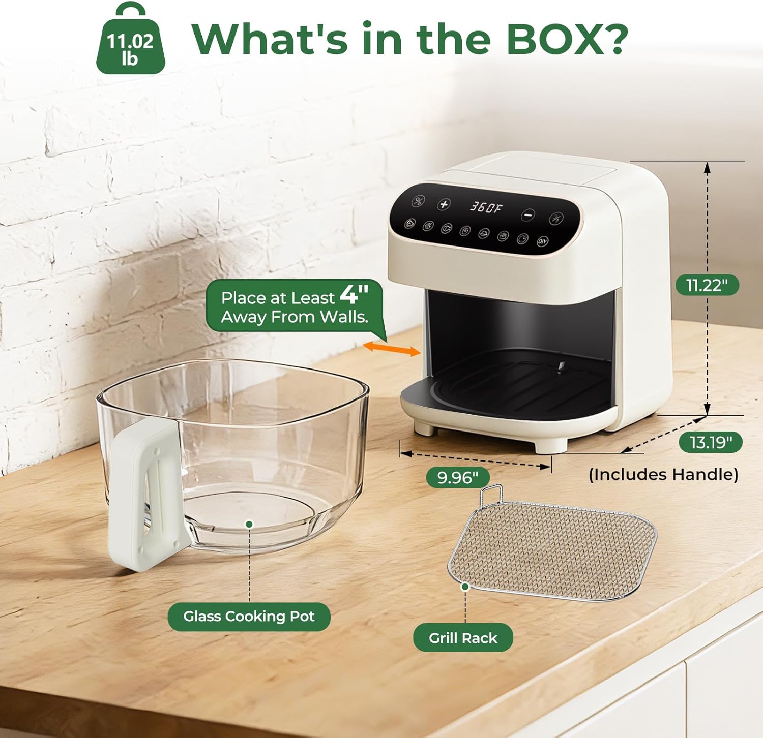 5 Quart Glass Air Fryer, Non Toxic & Uncoated High Borosilicate Glass Basket, Airfryer with Transparent Fry Bowl, 8 Preset Modes, PTFE/PFAS Free, BPA-Free, Dishwasher Safe, White
