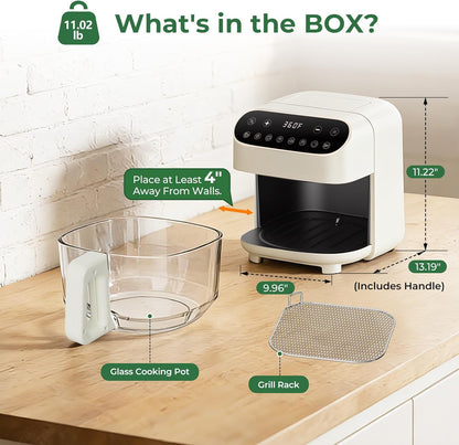 5 Quart Glass Air Fryer, Non Toxic & Uncoated High Borosilicate Glass Basket, Airfryer with Transparent Fry Bowl, 8 Preset Modes, PTFE/PFAS Free, BPA-Free, Dishwasher Safe, White