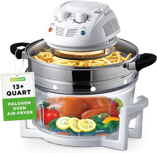 NutriChef Halogen Oven Countertop Air Fryer - 1200W 13QT Infrared Convection Cooker w/ Stainless Steel Cooking Bowl For Healthy Meals, Great for Chicken, Steak, Fish, Ribs, Shrimp, More -AZPKAIRFR48