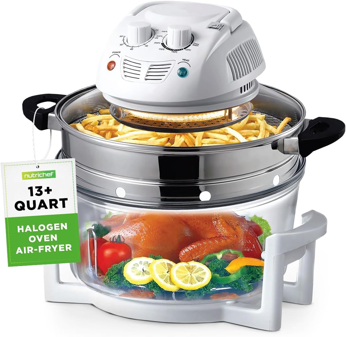 NutriChef Air Fryer, Infrared Convection, Halogen Oven Countertop, Cooking, Stainless Steel, 13 Quart 1200W, Prepare Quick Healthy Meals, for French Fries & Chips, White (PKAIRFR48)