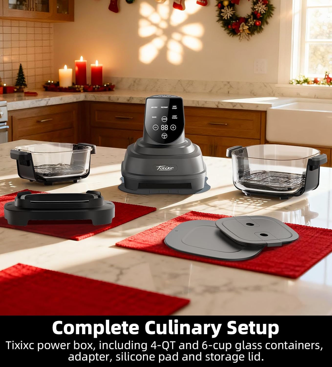 5-in-1 Portable Glass Air Fryer, 4QT & 6-Cup Glass Containers with Lids, Silicone Mat, 1500W Small Air Fryer, 90% Less Oil, Dishwasher/Freezer Safe for Single Servings, Family Meals
