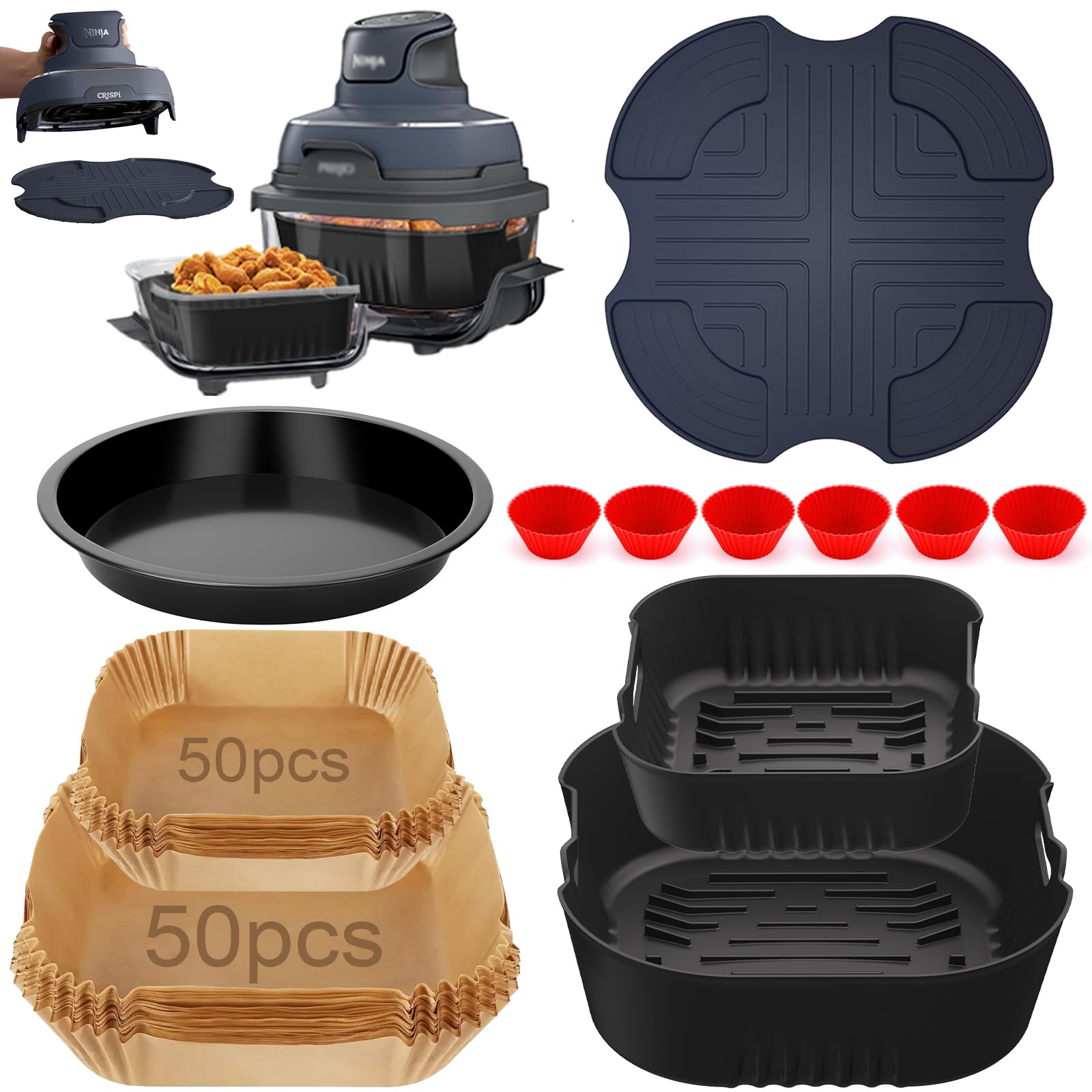 Air Fryer Accessories for Ninja Crispi Pro 6-in-1 Glass Airfryer AS101CY | AS101DG | AS101LG, 6 Piece Ninja Crispi Pro Accessories Silicone Liners, Paper Liners, Grill, Pizza Pan, 7-Hole Muffin Pan