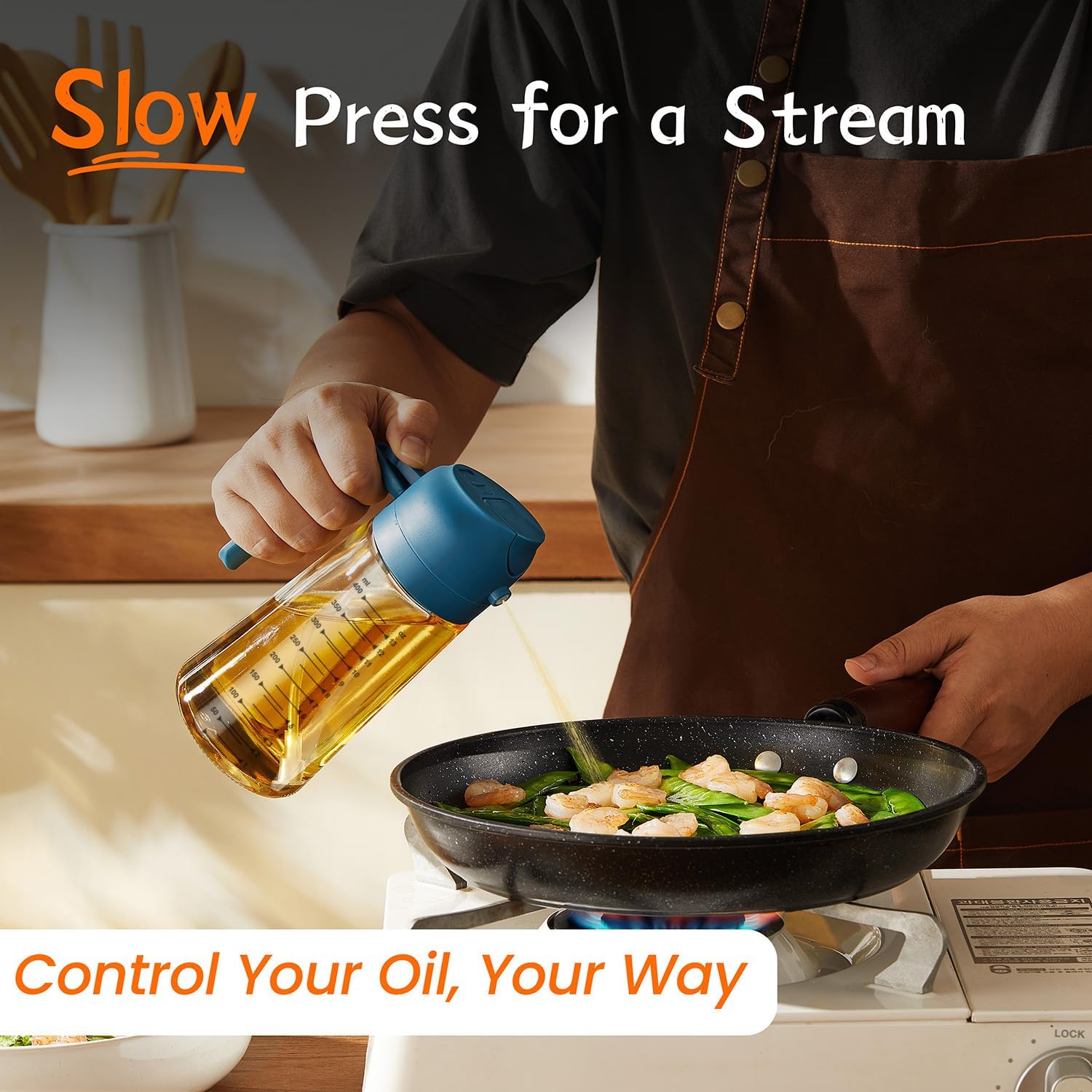 TrendPlain 16oz/470ml Glass Olive Oil Sprayer for Cooking – 2 in 1 Olive Oil Dispenser Bottle for Kitchen Gadgets and Air Fryer Accessories, Salad, BBQ - Black & Navy