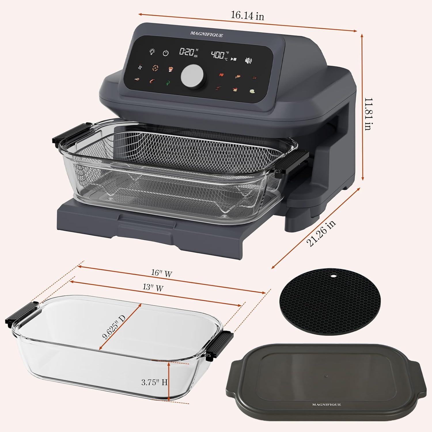 MAGNIFIQUE Casserole Air Fryer 6 Quart Large Capacity, Glass Air Fryer Oven Non Toxic, 12-in-1 Digital Touchscreen, Full Glass Viewing Window, Rapid Hot Air Circulation, Includes Basket & Storage Lid