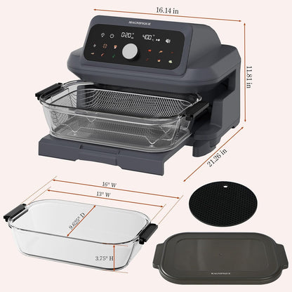 MAGNIFIQUE Casserole Air Fryer 6 Quart Large Capacity, Glass Air Fryer Oven Non Toxic, 12-in-1 Digital Touchscreen, Full Glass Viewing Window, Rapid Hot Air Circulation, Includes Basket & Storage Lid