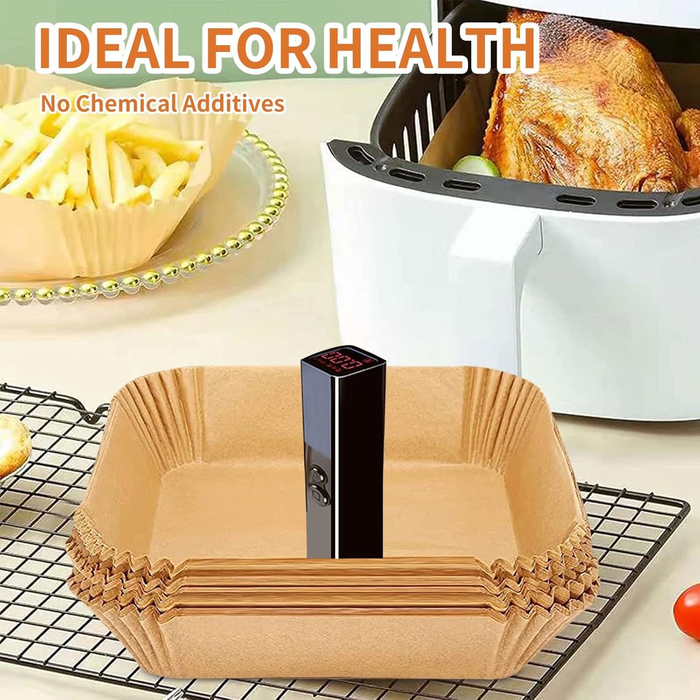 Air Fryer Liners Disposable Paper,100Pcs Parchment Paper Liners,Non Stick Airfryer Paper Liners,Food Grade Air Fryer Accessories WaterProof OilProof for Microwave Oven Steamer 7.9inch Square