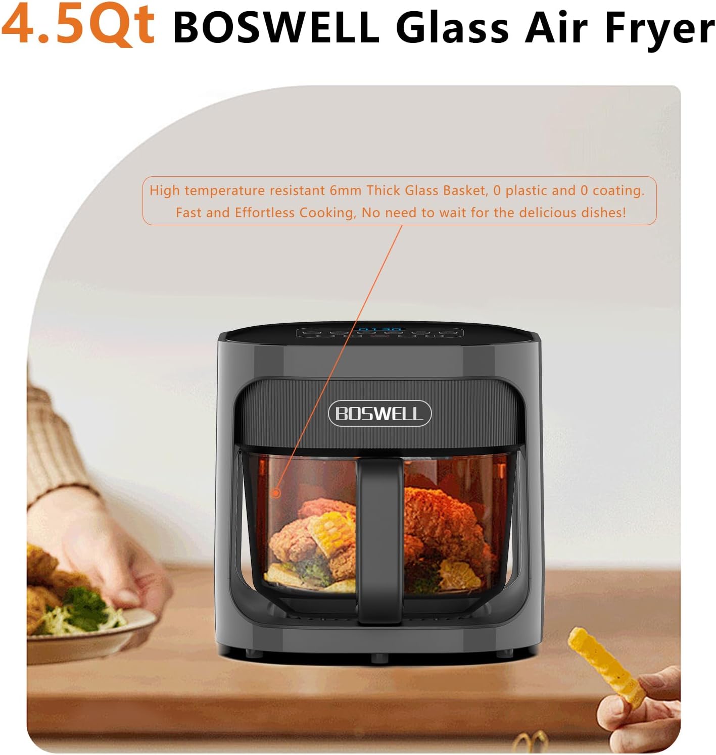 BOSWELL 4.5 QT Glass Air Fryer, 6 IN 1 Air Fryer Non-Toxic,Temperature Control, 5 Preset Menue Intelligent Panel Gray