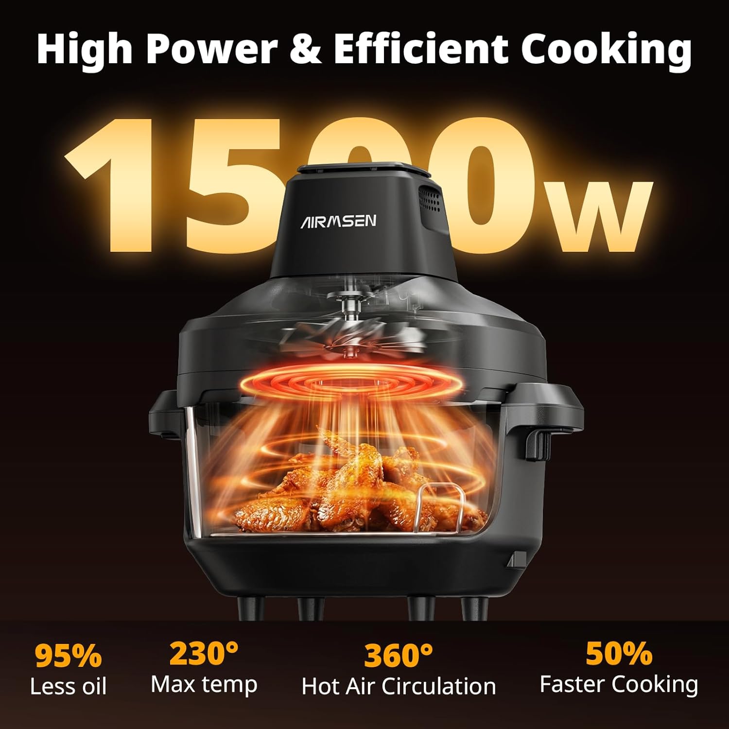 AIRMSEN Potable Glass Air Fryer Non-Toxic, 4.8QT & 1.3QT, 4 Presets & Manual Control, 140–450℉ Precise Heat, 95% Less Oil, Auto-Pause & Resume, Microwave & Dishwasher Safe