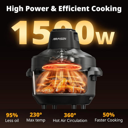 AIRMSEN Potable Glass Air Fryer Non-Toxic, 4.8QT & 1.3QT, 4 Presets & Manual Control, 140–450℉ Precise Heat, 95% Less Oil, Auto-Pause & Resume, Microwave & Dishwasher Safe