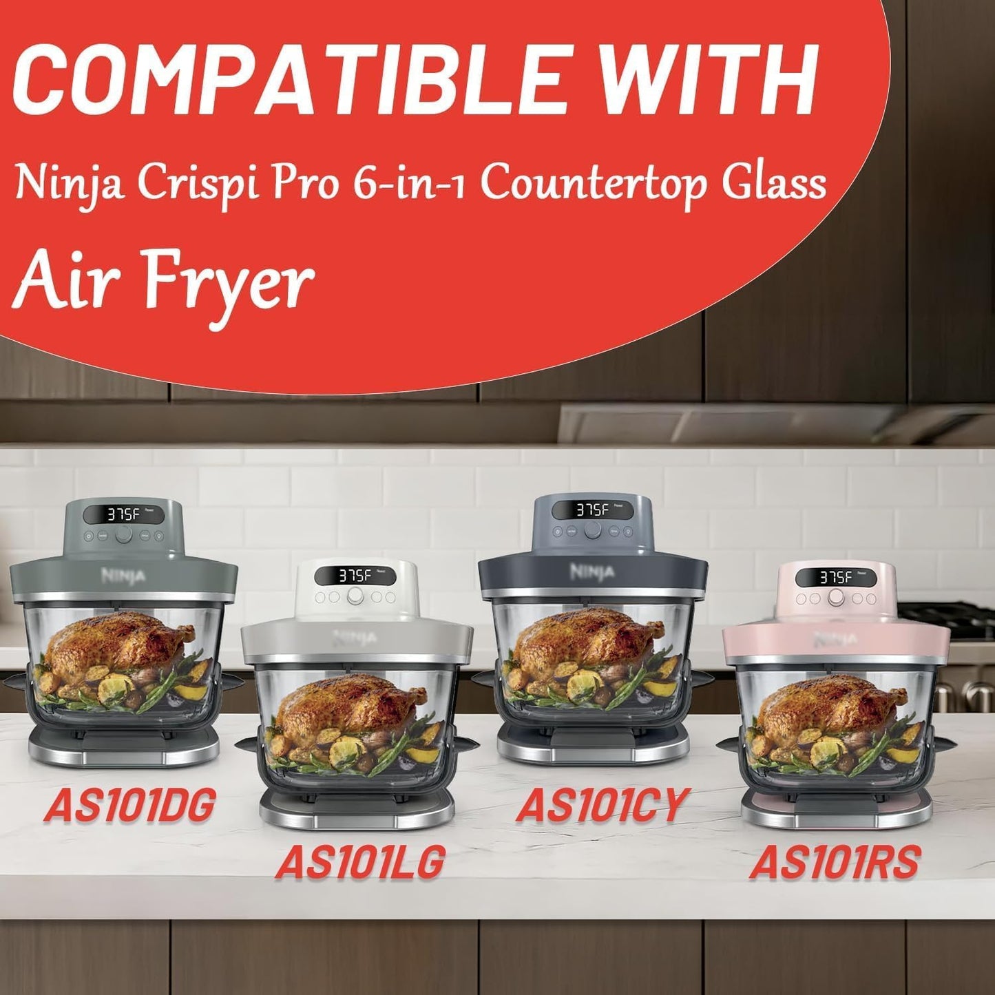 Air Fryer Accessories for Ninja Crispi Pro 6-in-1 Glass Airfryer AS101CY | AS101DG | AS101LG, 6 Piece Ninja Crispi Pro Accessories Silicone Liners, Paper Liners, Grill, Pizza Pan, 7-Hole Muffin Pan
