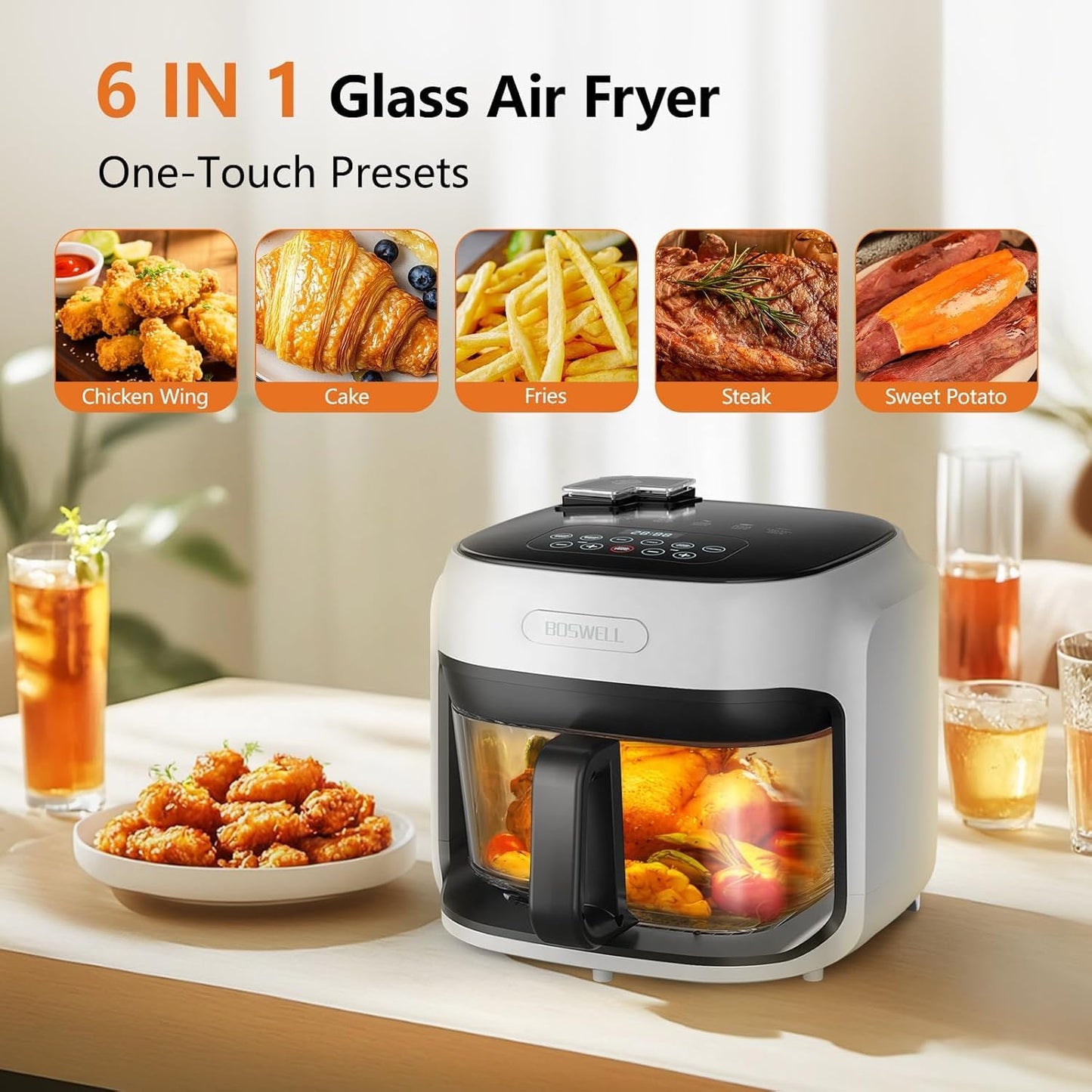 7.5Qt Glass Air Fryer, Transparent Fry Bowl, 360° Hot Air Circulation, Digital Touch Control, Non-Toxic & Dishwasher Safe, Air Fry Roast Bake for Fries and Chicken (white)