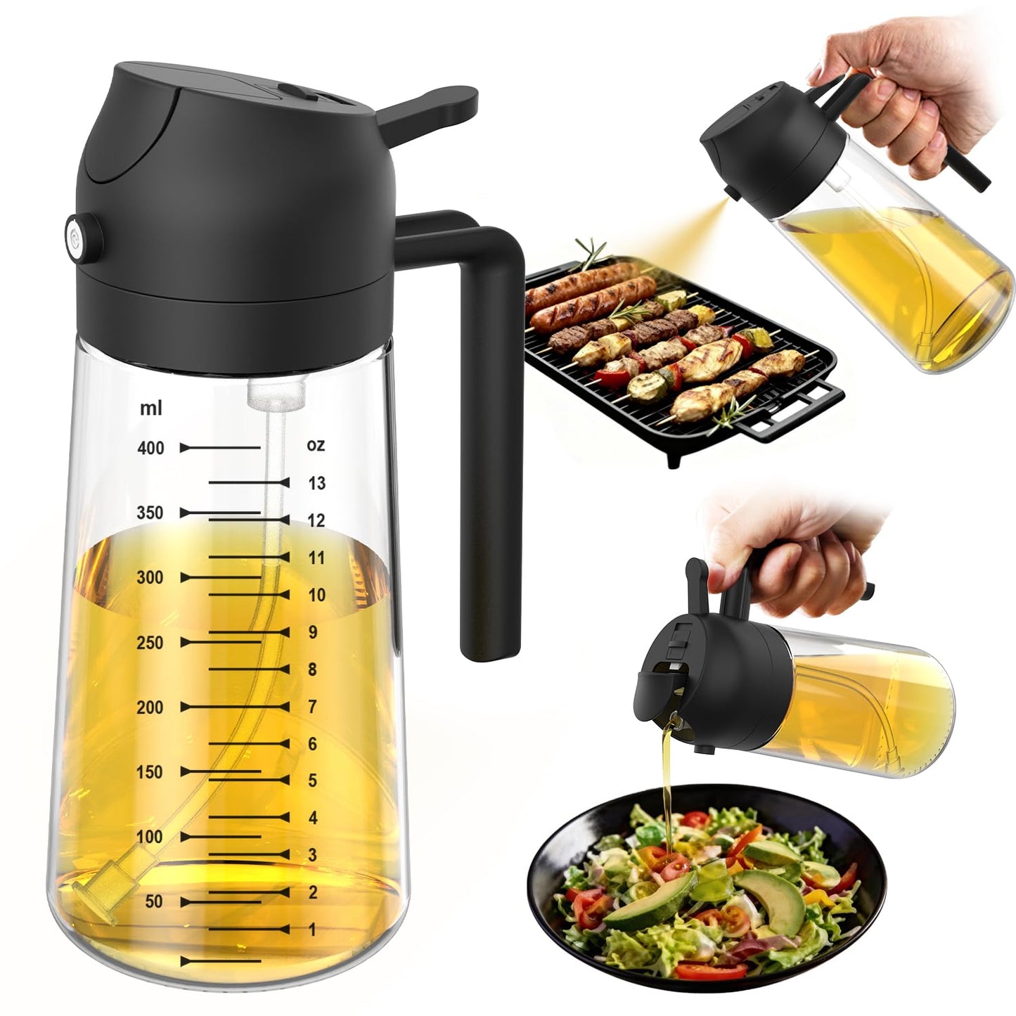 TrendPlain 16oz/470ml Glass Olive Oil Sprayer for Cooking – 2 in 1 Olive Oil Dispenser Bottle for Kitchen Gadgets and Air Fryer Accessories, Salad, BBQ - Black & Navy