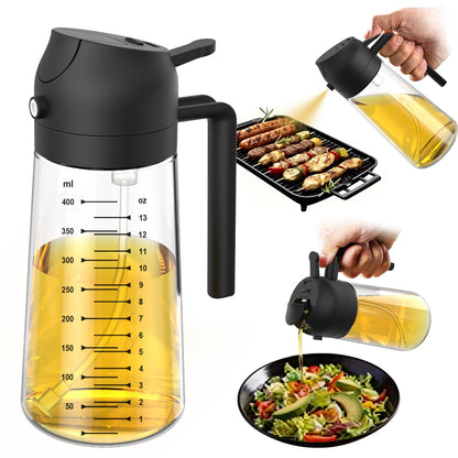 TrendPlain 16oz/470ml Glass Olive Oil Sprayer for Cooking – 2 in 1 Olive Oil Dispenser Bottle for Kitchen Gadgets and Air Fryer Accessories, Salad, BBQ - Black & Navy
