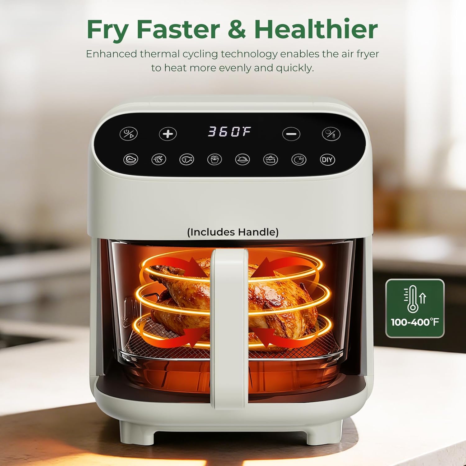 5 Quart Glass Air Fryer, Non Toxic & Uncoated High Borosilicate Glass Basket, Airfryer with Transparent Fry Bowl, 8 Preset Modes, PTFE/PFAS Free, BPA-Free, Dishwasher Safe, White