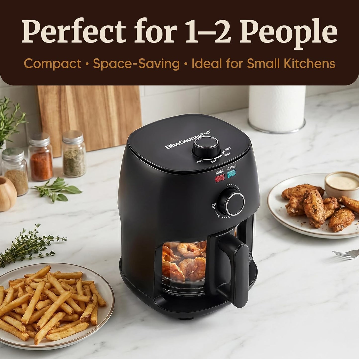 Elite Gourmet Glass Air Fryer, 2.4 Qt Compact Size for 1–2 People, PFAS-Free Ceramic & Glass Basket, Visible Cooking, Adjustable Temp 175–400°F, 1150W, Black
