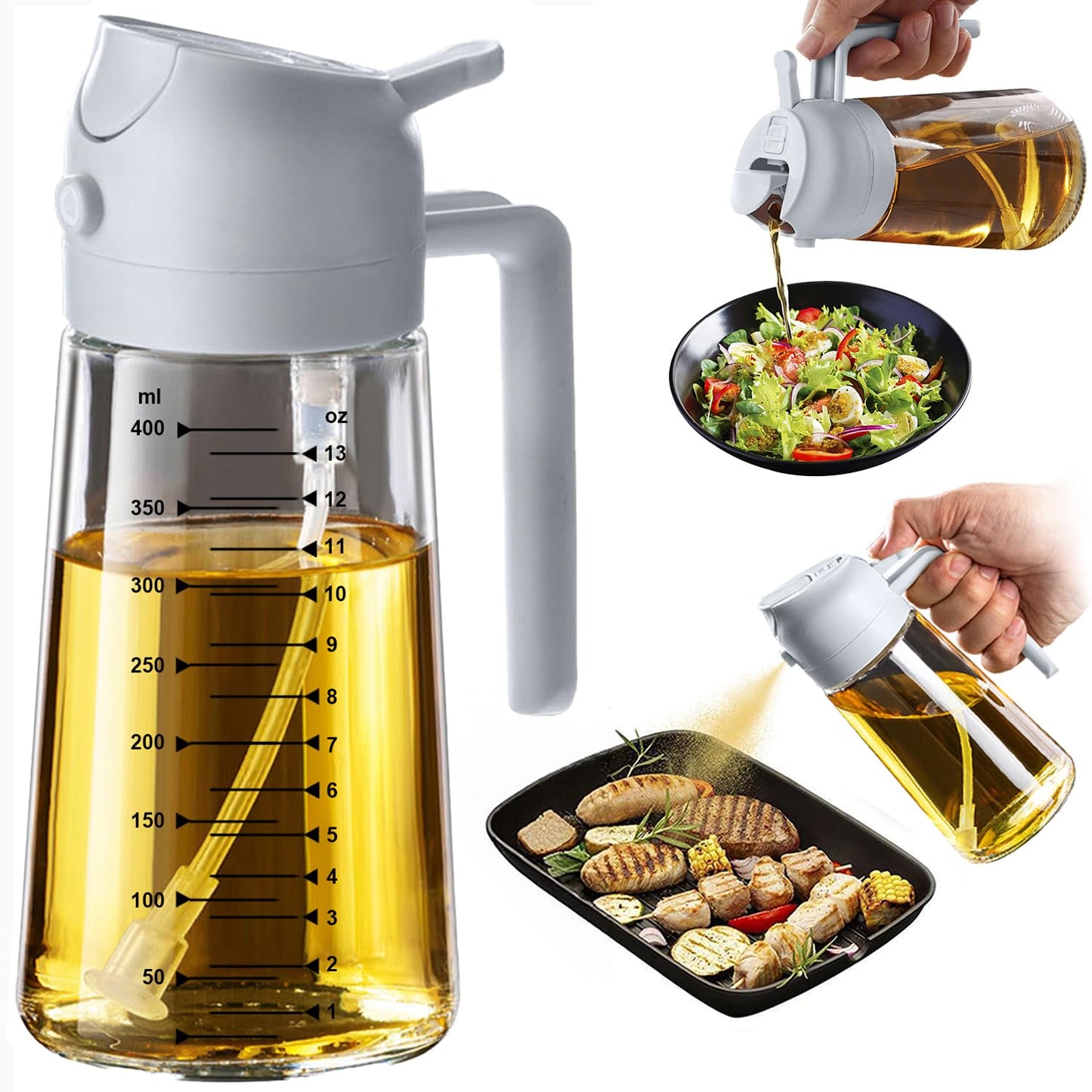TrendPlain 16oz/470ml Glass Olive Oil Sprayer for Cooking – 2 in 1 Olive Oil Dispenser Bottle for Kitchen Gadgets and Air Fryer Accessories, Salad, BBQ - Black