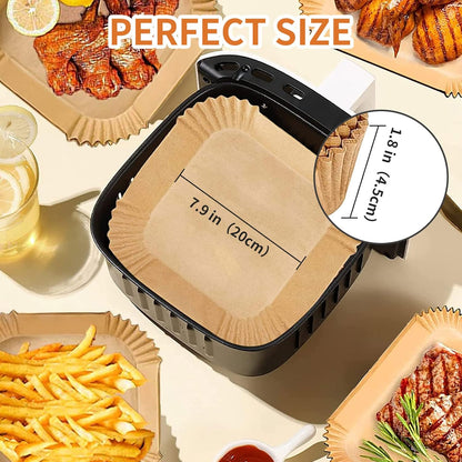 Air Fryer Liners Disposable Paper,100Pcs Parchment Paper Liners,Non Stick Airfryer Paper Liners,Food Grade Air Fryer Accessories WaterProof OilProof for Microwave Oven Steamer 7.9inch Square