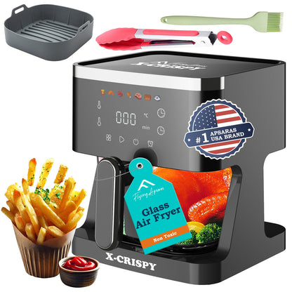 APSARAS USA Air Fryer Glass, 5.2QT Convection Oven Glass Air Fryer Non Toxic, Transparent Fry Bowl | Cook Shrimp, Steak, Fries, Wings, Chicken & More | Precise Temperature Control & Time