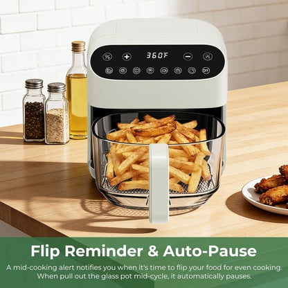 5 Quart Glass Air Fryer, Non Toxic & Uncoated High Borosilicate Glass Basket, Airfryer with Transparent Fry Bowl, 8 Preset Modes, PTFE/PFAS Free, BPA-Free, Dishwasher Safe, White