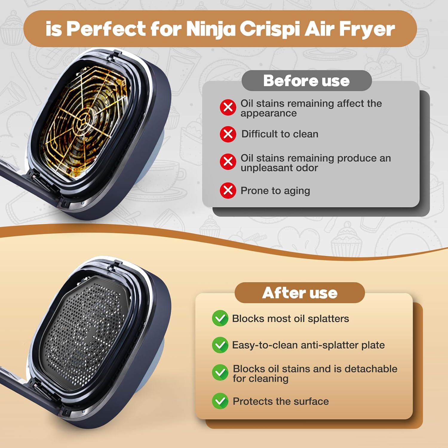 2 PCS Silicone Splatter Shield Heat-Resistant Splash Guard for Ninja Crispi Pro Glass Air Fryer -Replacement Parts AS101CY,Compatible with Ninja Crispi Pro Accessories & Crisp Containers (Black)
