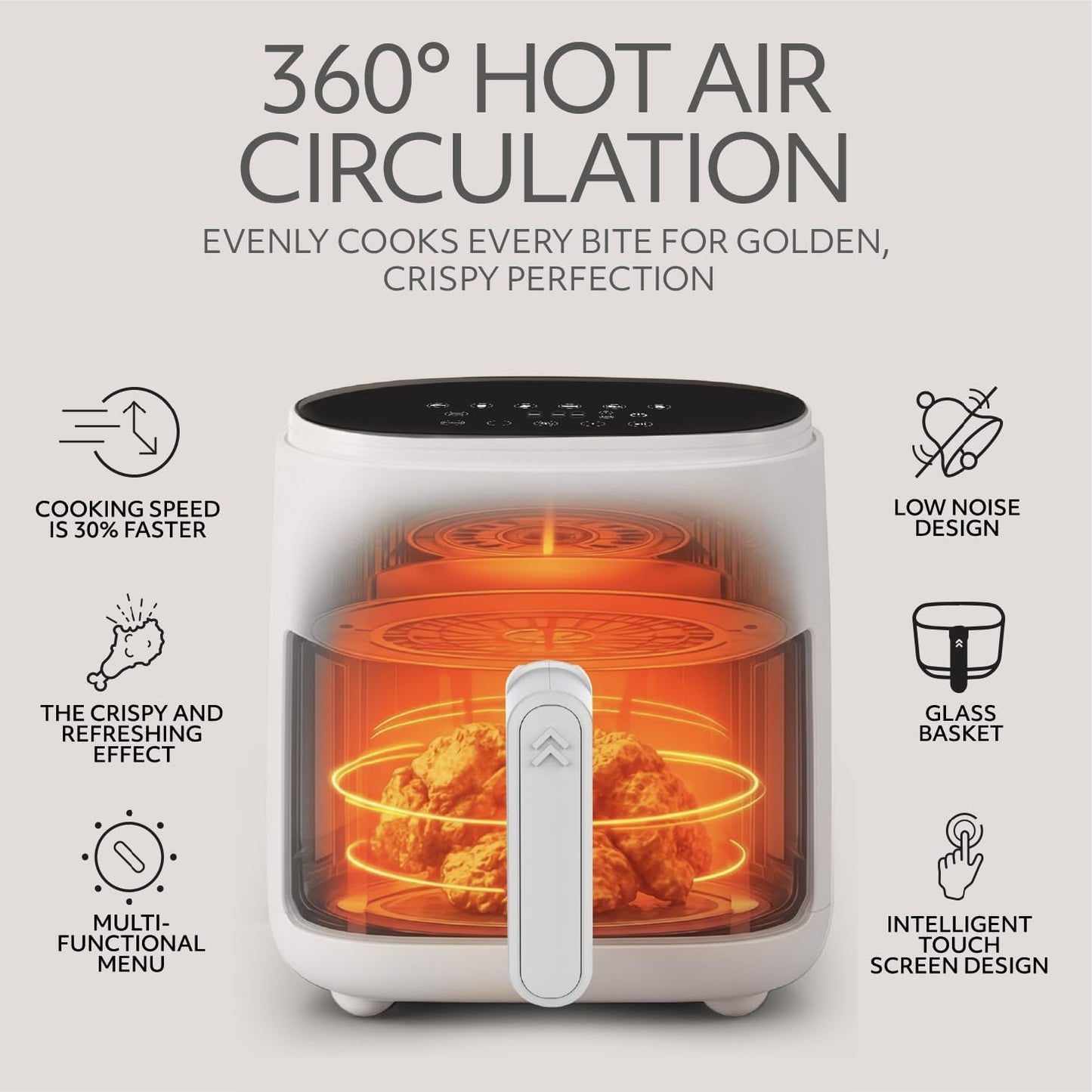 WILLOW Eco Series 6 in 1 Air Fryer with Glass Basket, 5 Quart Non Toxic Air Fryer w Digital Display, 430°F Max Temp, Preheat & Keep Warm Function, Compact + Dishwasher Safe Glass Airfryer - WHITE