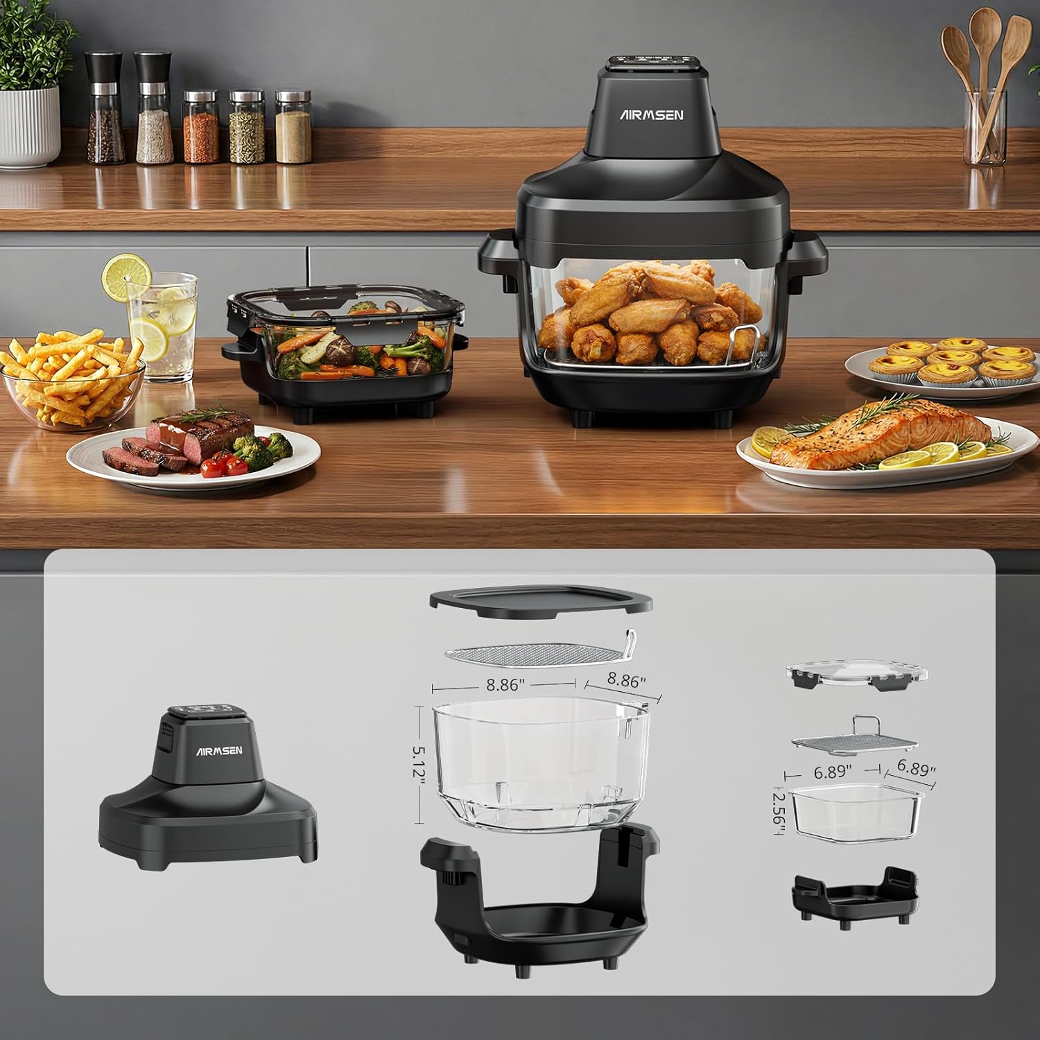 AIRMSEN Potable Glass Air Fryer Non-Toxic, 4.8QT & 1.3QT, 4 Presets & Manual Control, 140–450℉ Precise Heat, 95% Less Oil, Auto-Pause & Resume, Microwave & Dishwasher Safe