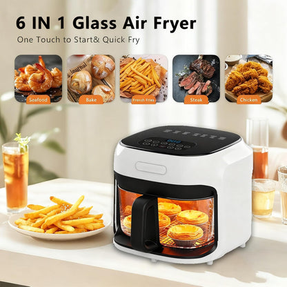 7.3QT Glass Air Fryer with See-Through Bowl, 360° Hot Air Circulation, 5 Presets, 1200W Fast Heating, Dishwasher Safe (White)