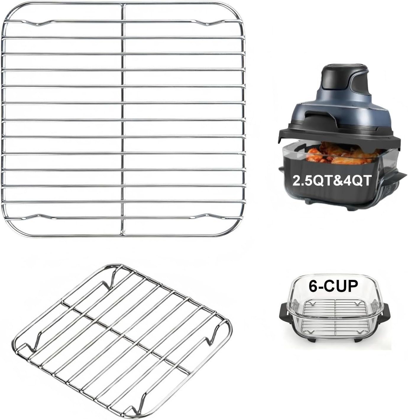 2PCS Crisper Racks Compatible with Ninja Crispi Air Fryer AS101/FN090/FN091/FN100/FN101/FN103 2.5QT, 4QT & 6-CUP Glass, Food Grade 18/8 Stainless Steel, Dishwasher Safe, Silver