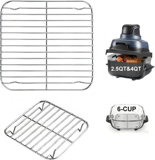 2PCS Crisper Racks Compatible with Ninja Crispi Air Fryer AS101/FN090/FN091/FN100/FN101/FN103 2.5QT, 4QT & 6-CUP Glass, Food Grade 18/8 Stainless Steel, Dishwasher Safe, Silver