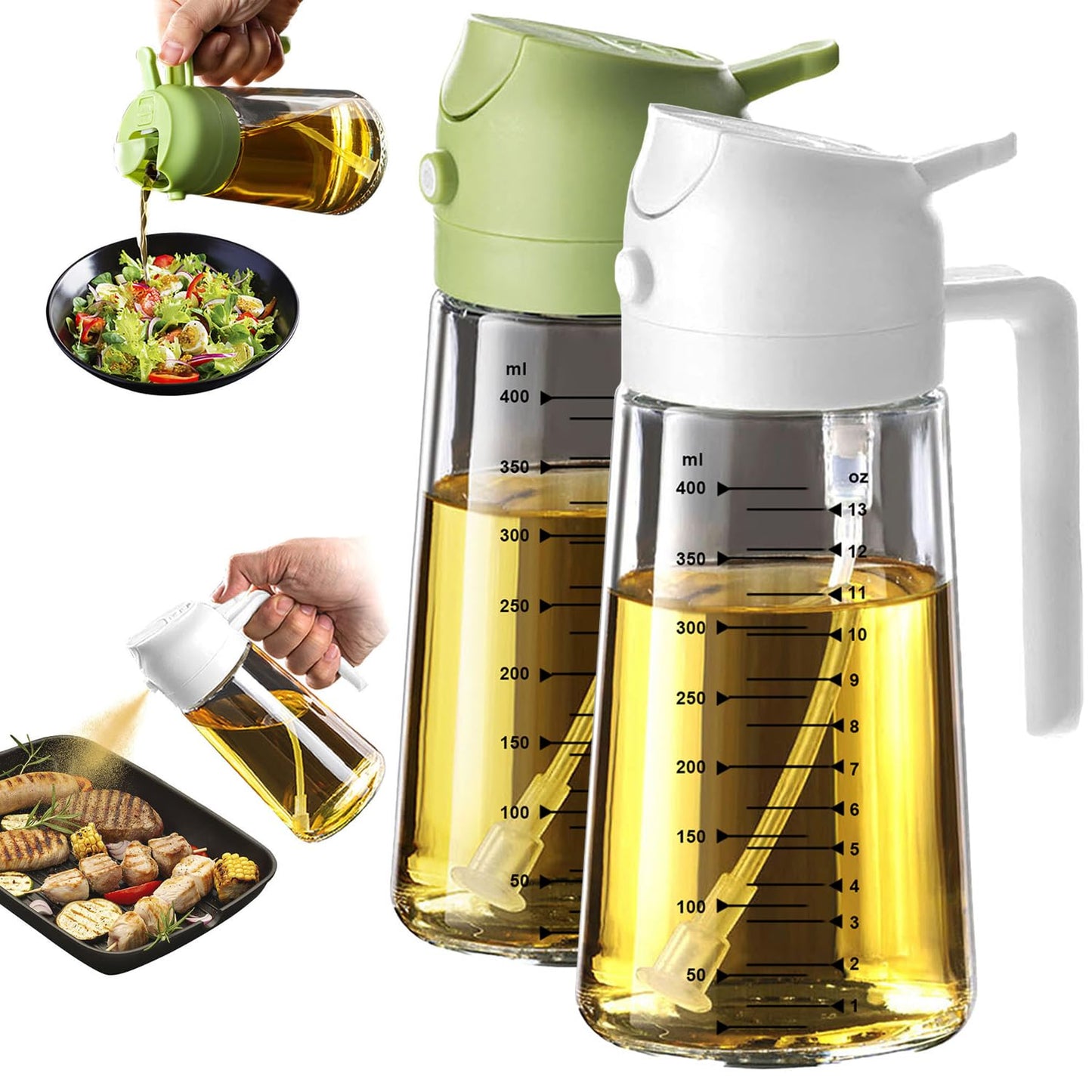 TrendPlain 16oz/470ml Glass Olive Oil Sprayer for Cooking – 2 in 1 Olive Oil Dispenser Bottle for Kitchen Gadgets and Air Fryer Accessories, Salad, BBQ - Black & Navy