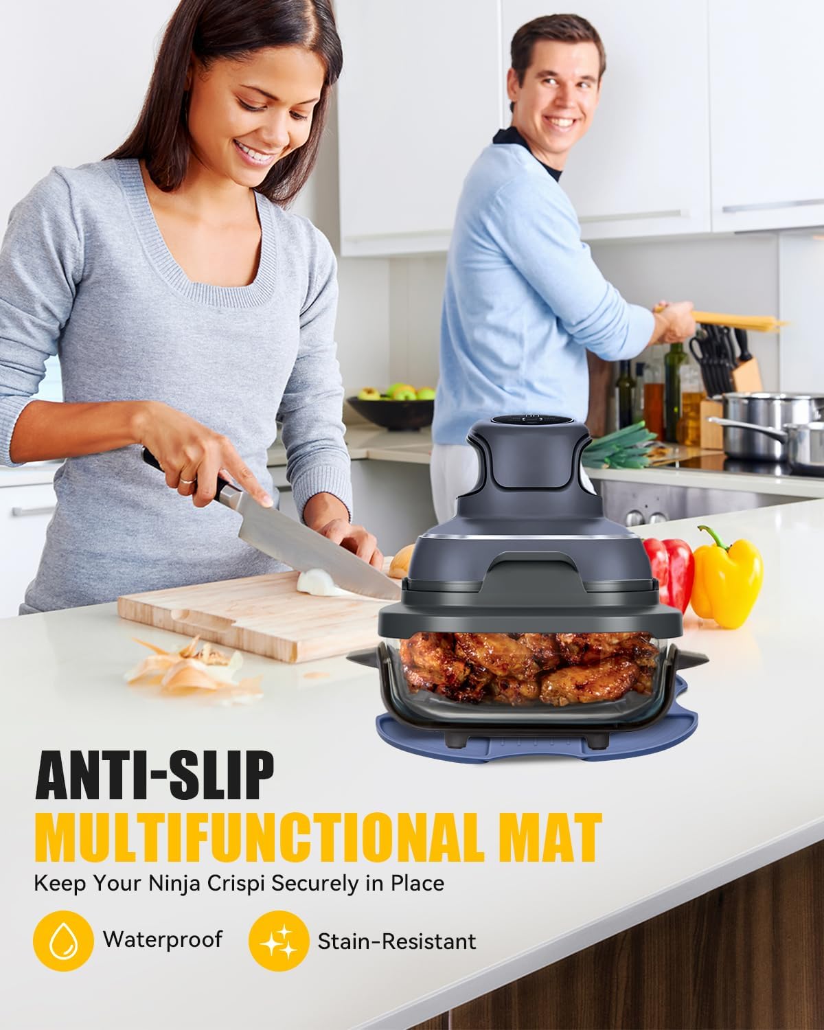 Silicone Heat-Resistant Mat for Ninja Crispi Glass Air Fryer | Reusable Fireproof Heat Resistance Hot Pad | Anti-Slip Kitchen Countertop Protector | Compatible with FN101GY/FN101SG/FN101ST, Blue